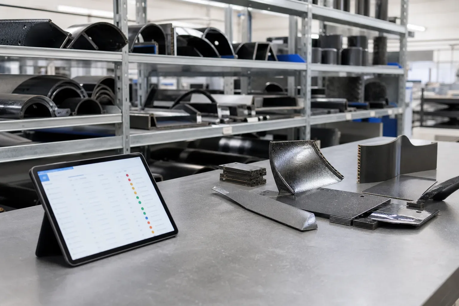 Atelier de sous-traitance aéronautique avec des pièces composites rangées sur des étagères et une tablette affichant une liste de commandes