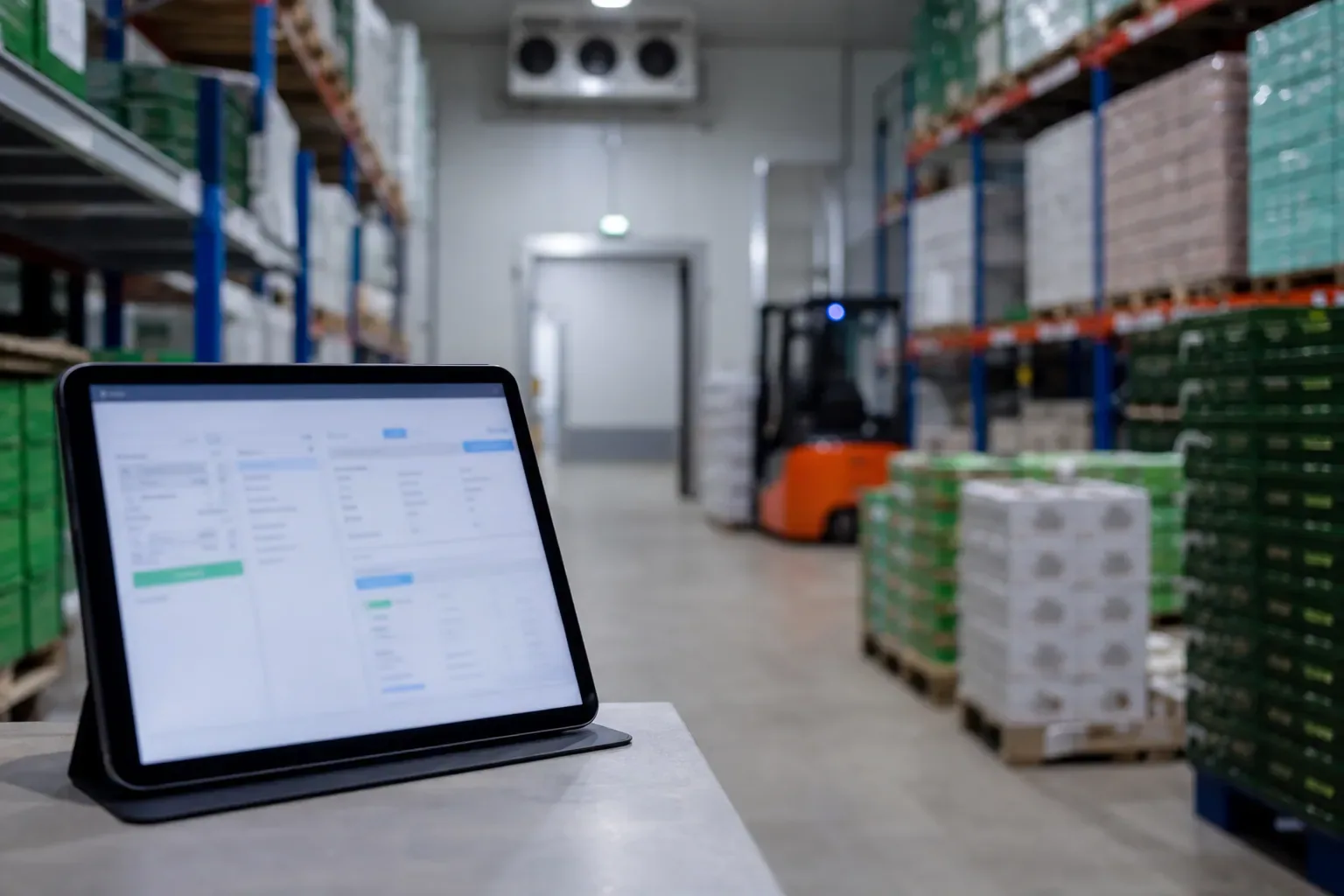 Entrepôt agroalimentaire de produits frais avec une tablette affichant une interface de commande B2B