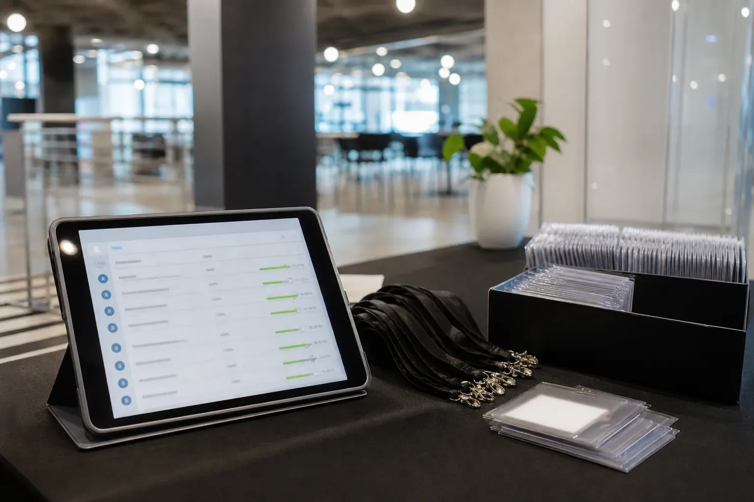 Comptoir d’inscription d’un évènement professionnel avec une tablette affichant une liste de participants