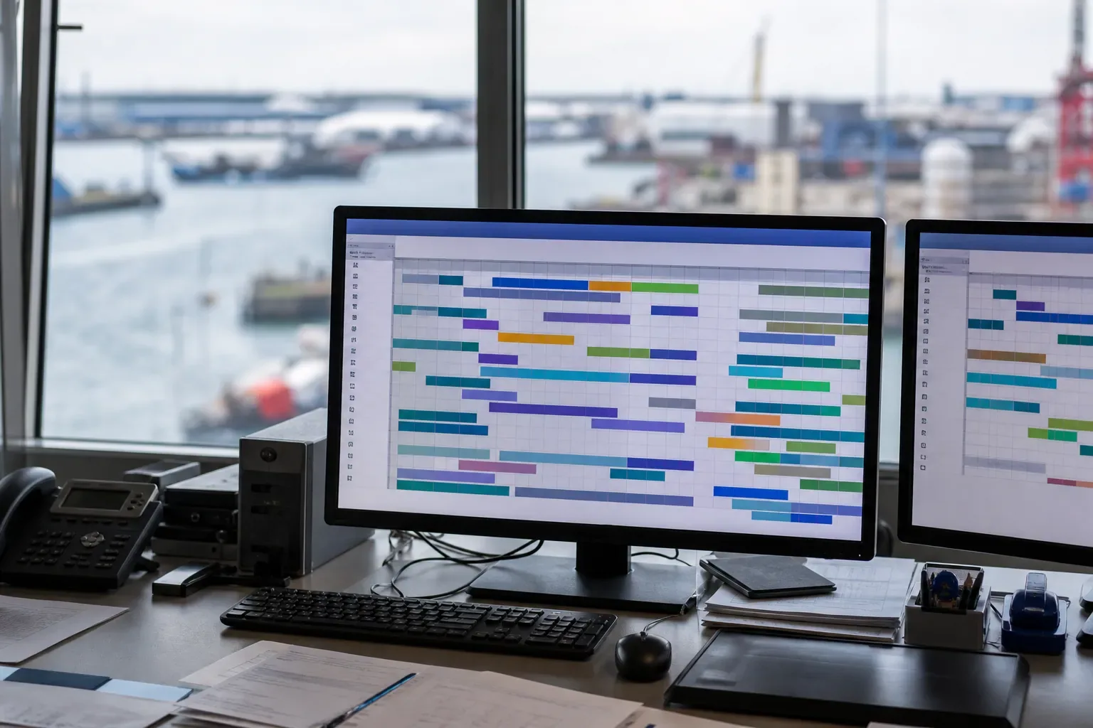 Bureau de planification portuaire avec un écran affichant un planning de quai à créneaux colorés