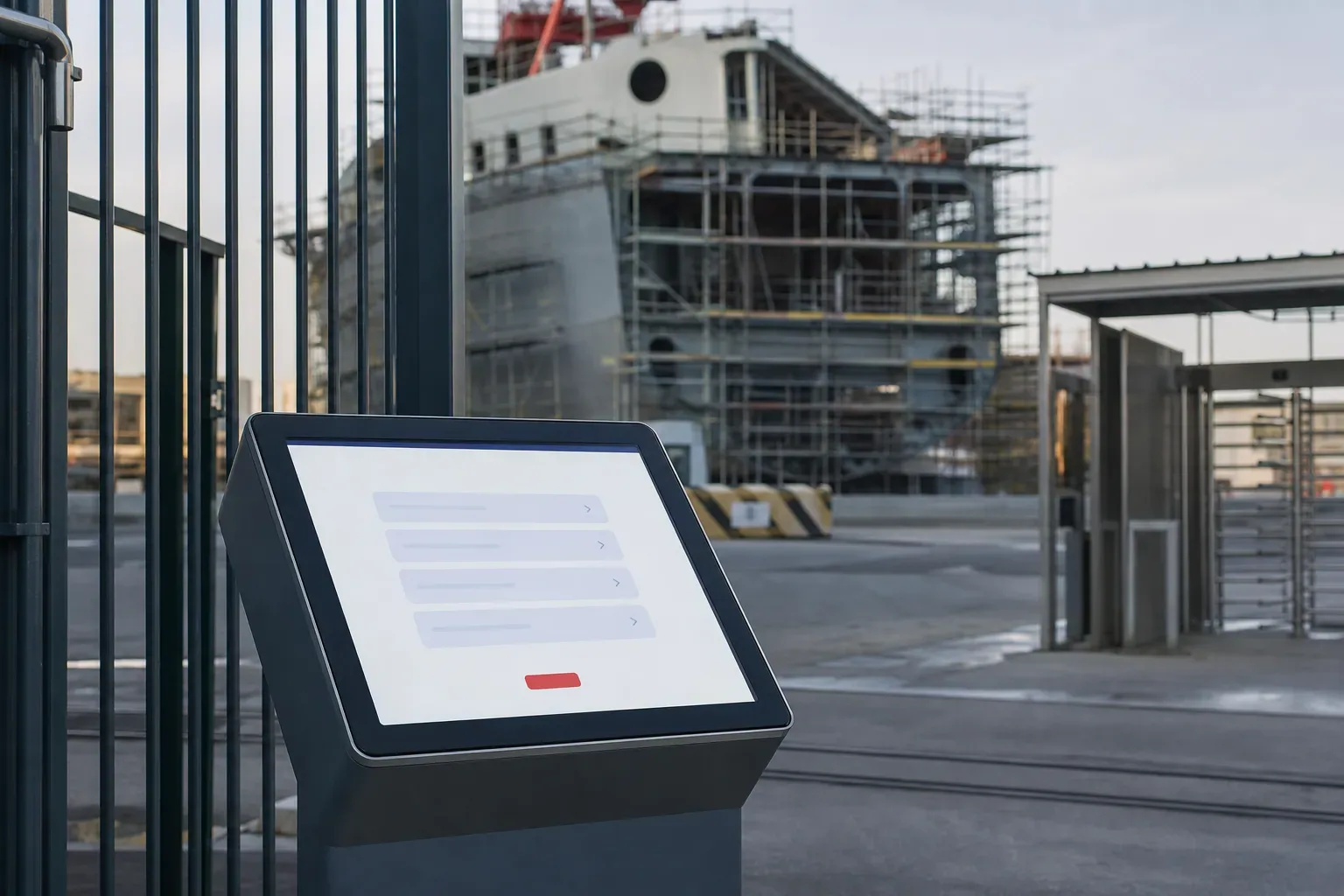 Quai d’un chantier naval avec une borne d’accueil affichant un menu de questions simples
