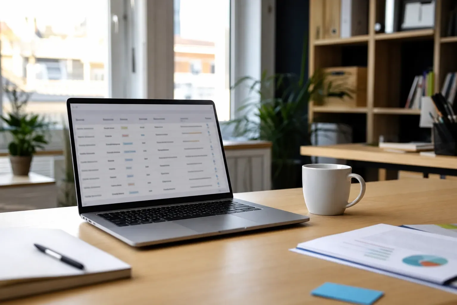 Bureau lumineux d’une petite entreprise avec un ordinateur portable affichant un tableau de suivi de tâches sobre
