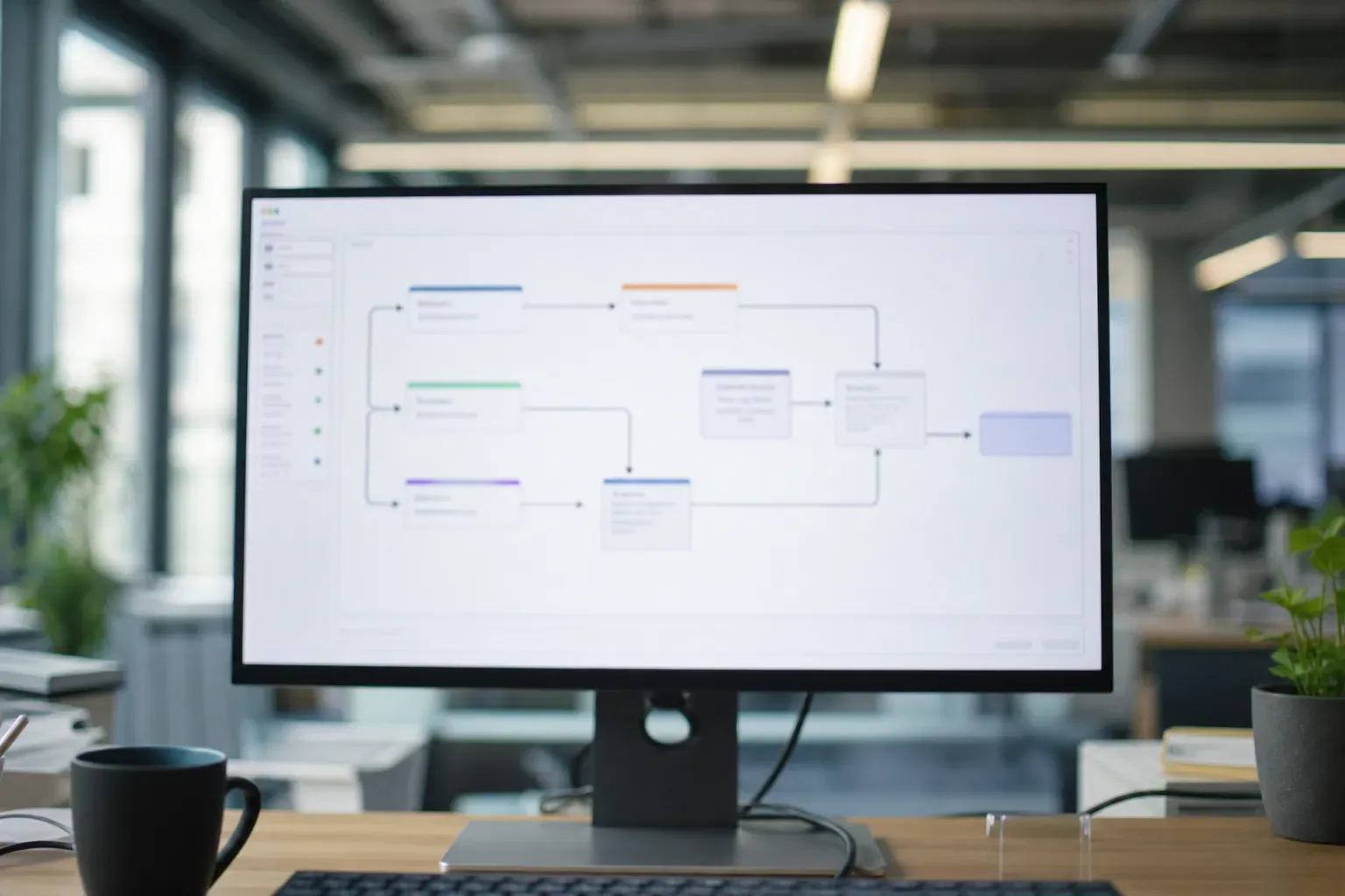 Écran de bureau affichant un schéma de flux d’automatisation avec des blocs reliés par des flèches