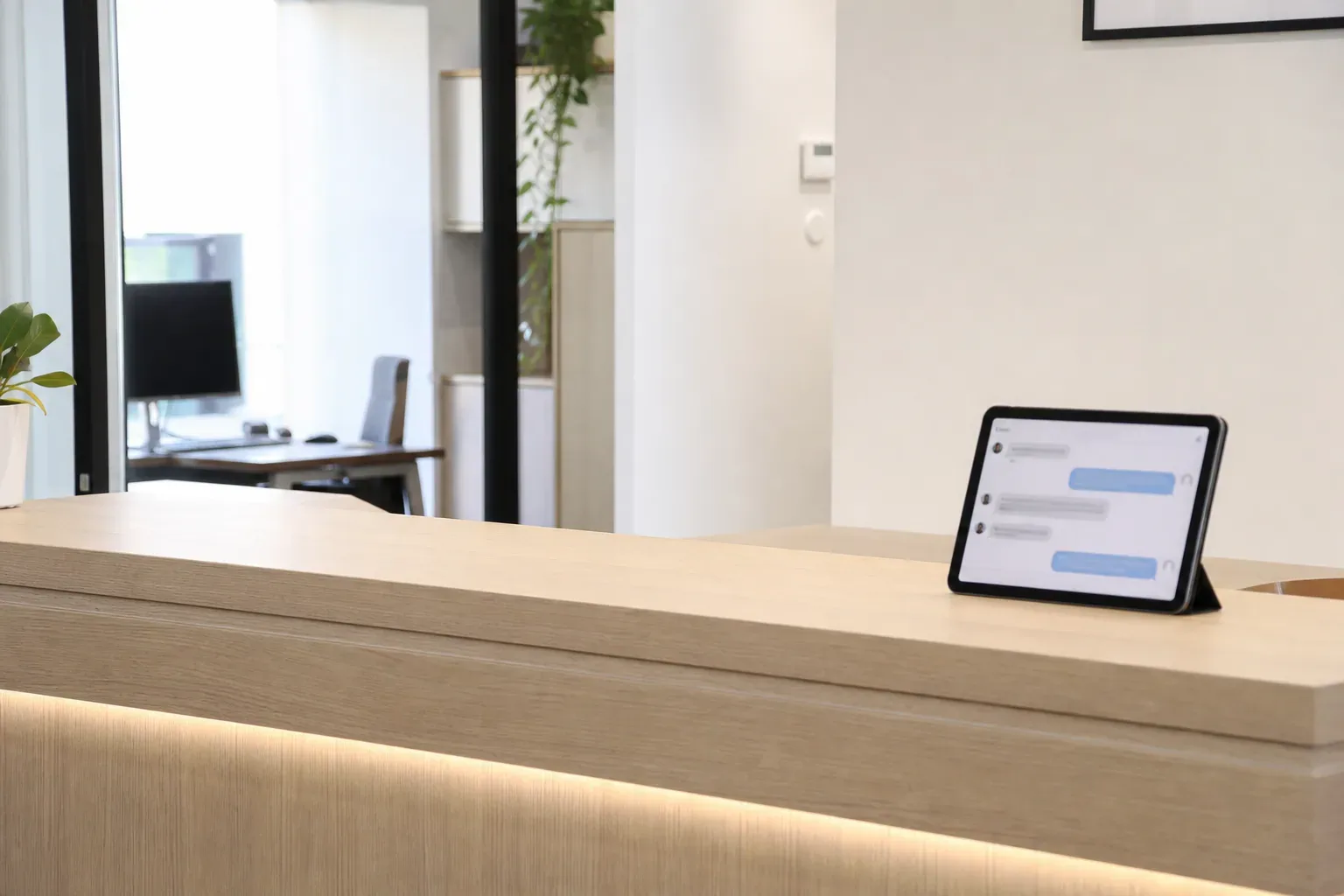 Comptoir d’accueil sobre avec une tablette affichant une fenêtre de conversation
