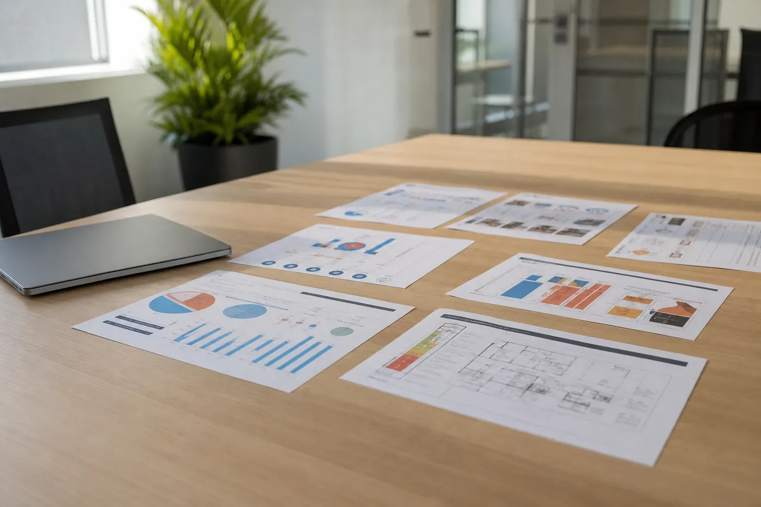 Table de réunion avec des feuilles de diagnostic imprimées et un ordinateur portable fermé