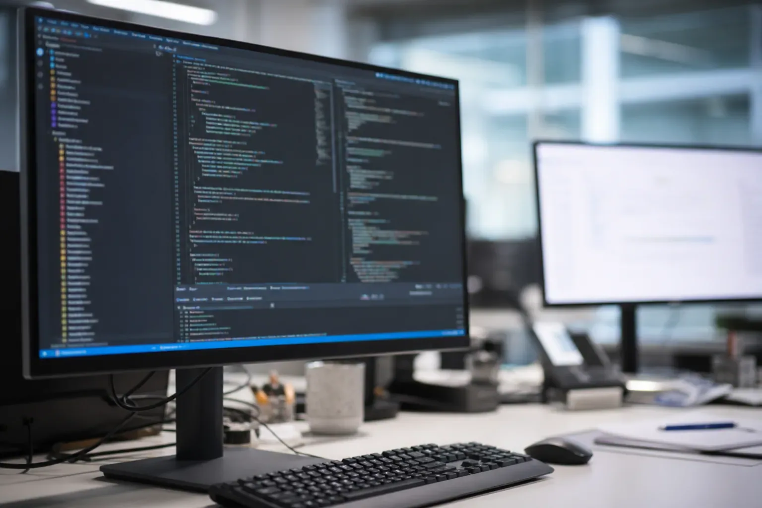 Poste de développeur avec un éditeur de code et un second écran flou en arrière-plan
